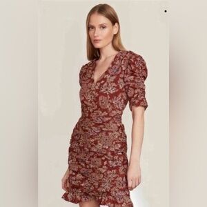 Veronica Beard Rust Floral V-Neck Ruched Mini Dress